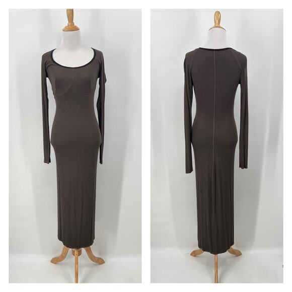 Enza Costa Dresses & Skirts - ENZA COSTA Silk Rib Long Sleeve Scoop Dress Women Medium Gray Black Maxi Stretch